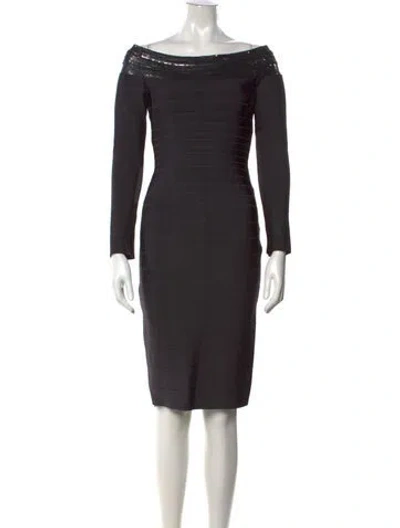 Pre-owned Herve Leger Off-the-shoulder Knee-length Dress In Grey