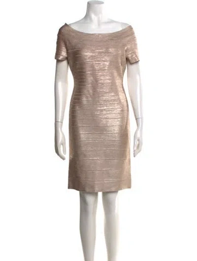 Pre-owned Herve Leger Off-the-shoulder Knee-length Dress In Neutral