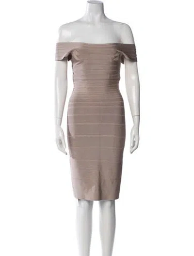 Pre-owned Herve Leger Off-the-shoulder Knee-length Dress In Neutrals