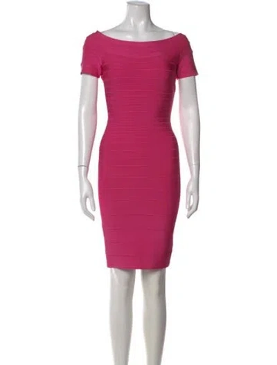 Pre-owned Herve Leger Off-the-shoulder Knee-length Dress In Pink
