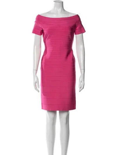Pre-owned Herve Leger Off-the-shoulder Knee-length Dress In Pink
