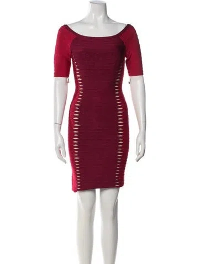 Pre-owned Herve Leger Off-the-shoulder Knee-length Dress In Pink