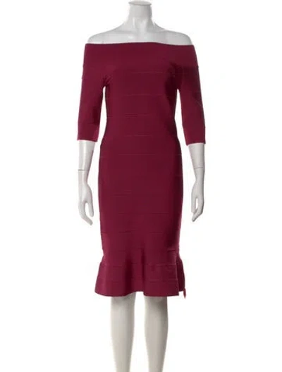 Pre-owned Herve Leger Off-the-shoulder Knee-length Dress In Red