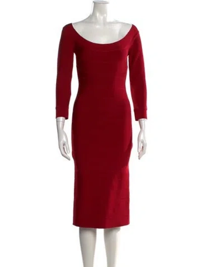 Pre-owned Herve Leger Off-the-shoulder Knee-length Dress In Red