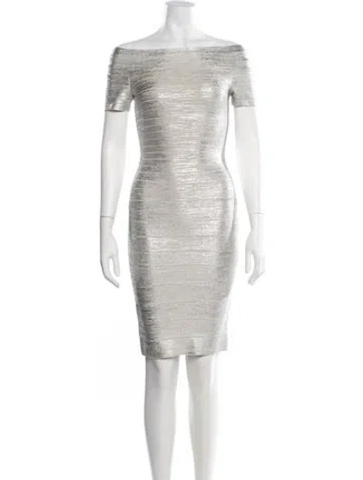 Pre-owned Herve Leger Off-the-shoulder Knee-length Dress In Silver