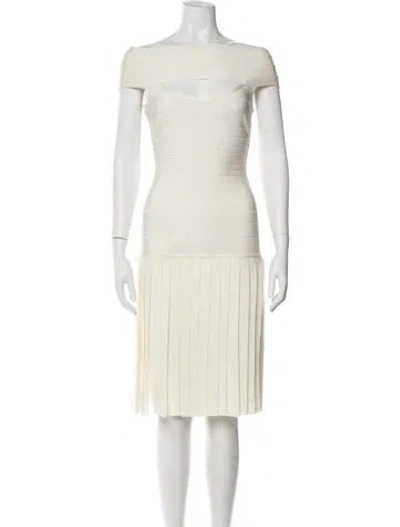 Pre-owned Herve Leger Off-the-shoulder Knee-length Dress In White