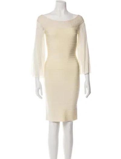 Pre-owned Herve Leger Off-the-shoulder Knee-length Dress In Yellow