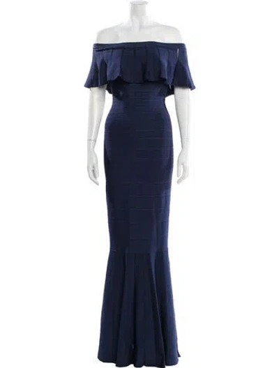 Pre-owned Herve Leger Off-the-shoulder Long Dress In Blue