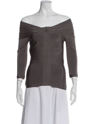 Pre-owned Herve Leger Off-the-shoulder Long Sleeve Top In Gray