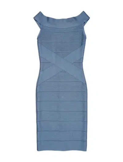 Pre-owned Herve Leger Off-the-shoulder Mini Dress In Blue