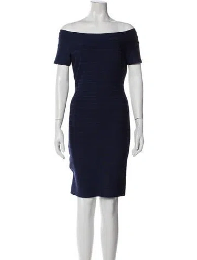Pre-owned Herve Leger Off-the-shoulder Mini Dress In Blue
