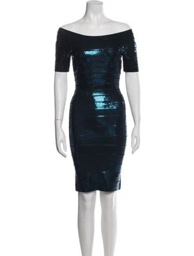 Pre-owned Herve Leger Off-the-shoulder Mini Dress In Blue