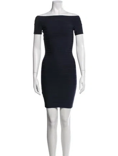 Pre-owned Herve Leger Off-the-shoulder Mini Dress In Blue