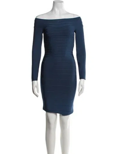 Pre-owned Herve Leger Off-the-shoulder Mini Dress In Blue