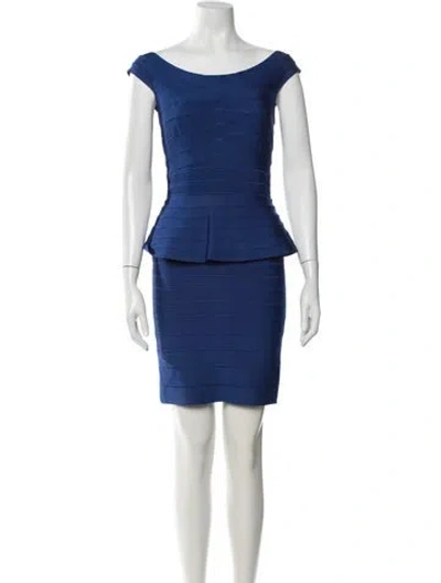 Pre-owned Herve Leger Off-the-shoulder Mini Dress In Blue