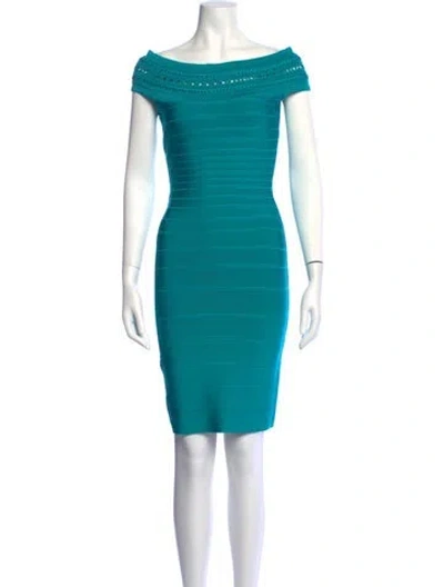 Pre-owned Herve Leger Off-the-shoulder Mini Dress In Blue