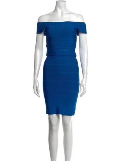 Pre-owned Herve Leger Off-the-shoulder Mini Dress In Blue