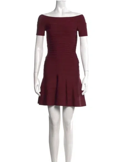 Pre-owned Herve Leger Off-the-shoulder Mini Dress In Burgundy