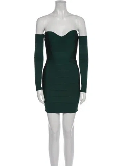 Pre-owned Herve Leger Off-the-shoulder Mini Dress In Green