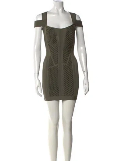 Pre-owned Herve Leger Off-the-shoulder Mini Dress In Green