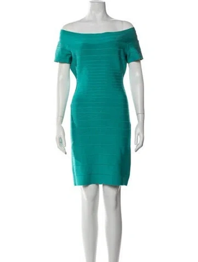 Pre-owned Herve Leger Off-the-shoulder Mini Dress In Green
