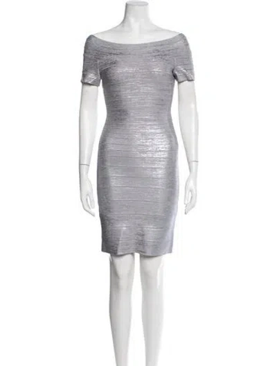 Pre-owned Herve Leger Off-the-shoulder Mini Dress In Grey/metallic