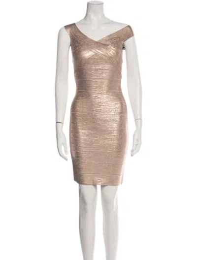 Pre-owned Herve Leger Off-the-shoulder Mini Dress In Metallic/neutrals