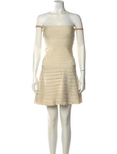 Pre-owned Herve Leger Off-the-shoulder Mini Dress In Neutral