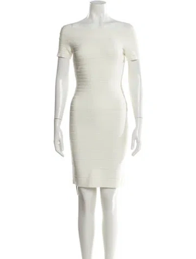 Pre-owned Herve Leger Off-the-shoulder Mini Dress In Neutral