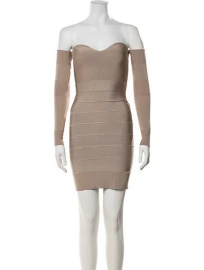 Pre-owned Herve Leger Off-the-shoulder Mini Dress In Neutrals