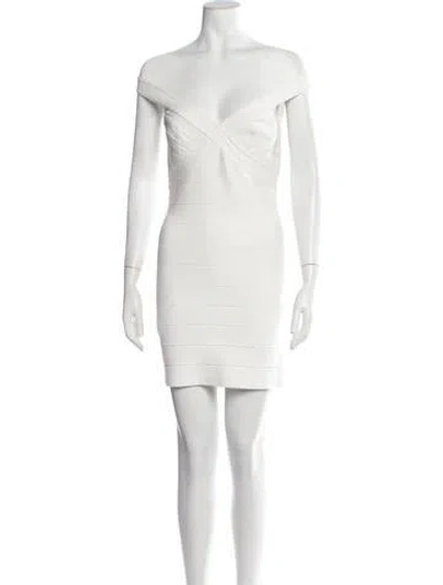 Pre-owned Herve Leger Off-the-shoulder Mini Dress In Neutrals