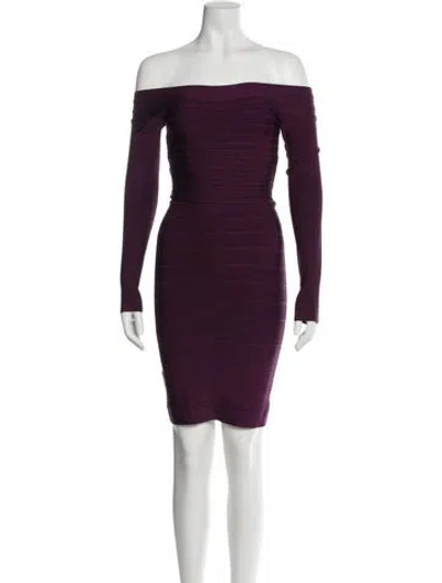 Pre-owned Herve Leger Off-the-shoulder Mini Dress In Purple