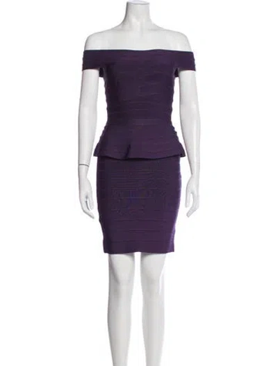 Pre-owned Herve Leger Off-the-shoulder Mini Dress In Purple