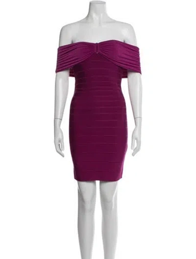 Pre-owned Herve Leger Off-the-shoulder Mini Dress In Purple