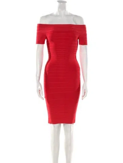 Pre-owned Herve Leger Off-the-shoulder Mini Dress In Red