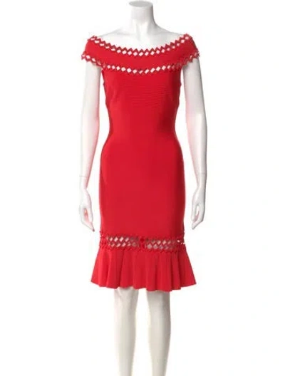 Pre-owned Herve Leger Off-the-shoulder Mini Dress In Red