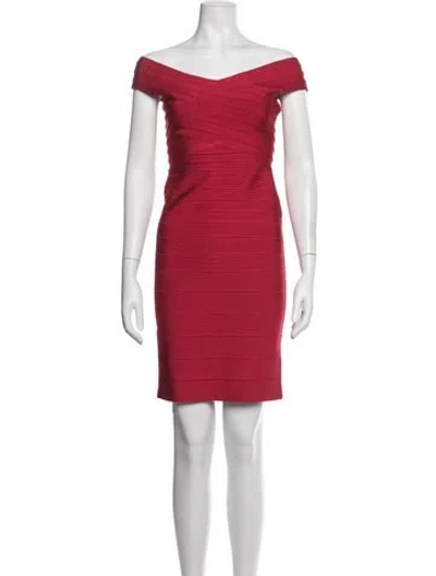 Pre-owned Herve Leger Off-the-shoulder Mini Dress In Red
