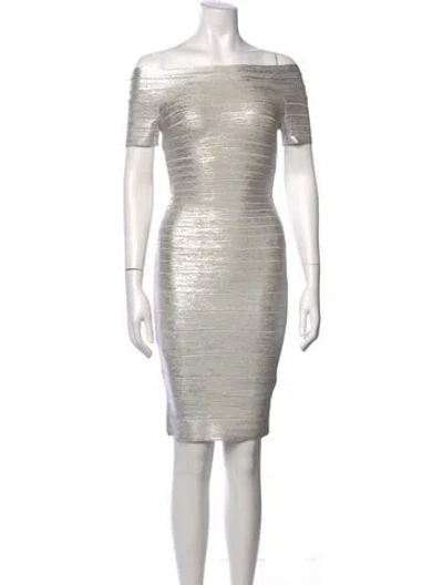 Pre-owned Herve Leger Off-the-shoulder Mini Dress W/ Tags In Gray