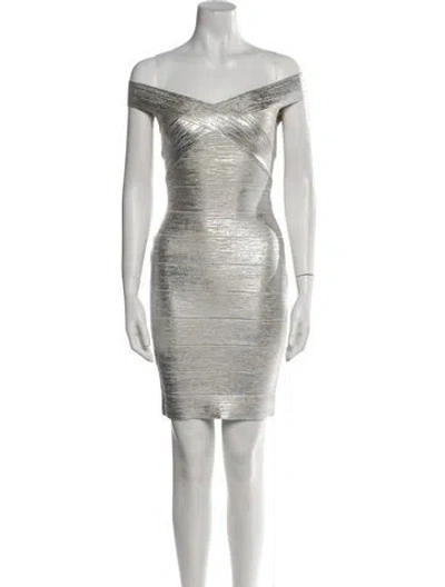 Pre-owned Herve Leger Off-the-shoulder Mini Dress W/ Tags In Silver