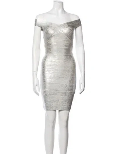 Pre-owned Herve Leger Off-the-shoulder Mini Dress W/ Tags In Silver