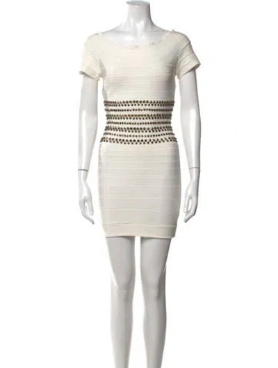 Pre-owned Herve Leger Off-the-shoulder Mini Dress In White