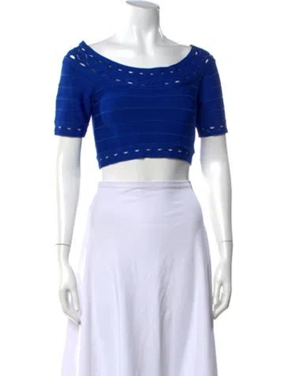 Pre-owned Herve Leger Off-the-shoulder Short Sleeve Crop Top In Blue
