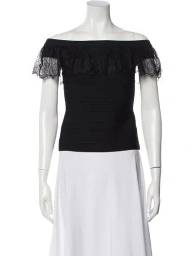 Pre-owned Herve Leger Off-the-shoulder Short Sleeve Top In Black