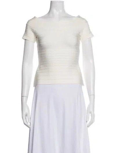 Pre-owned Herve Leger Off-the-shoulder Short Sleeve Top In Neutral