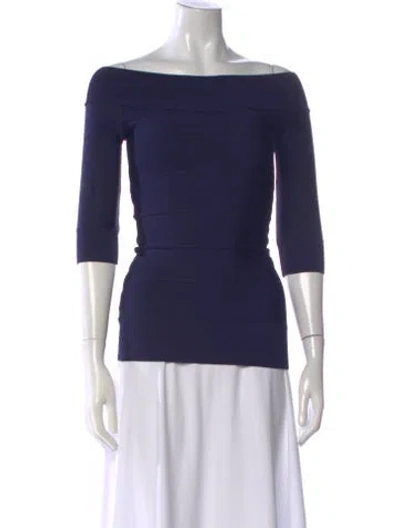 Pre-owned Herve Leger Off-the-shoulder Three-quarter Sleeve Top In Blue