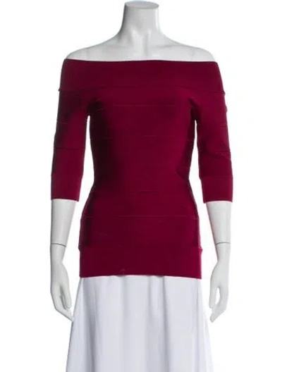 Pre-owned Herve Leger Off-the-shoulder Three-quarter Sleeve Top In Burgundy