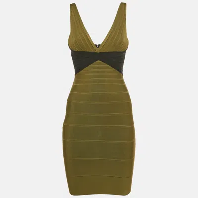 Pre-owned Herve Leger Olive Green Bandage Knit Kayitlyn Dress S