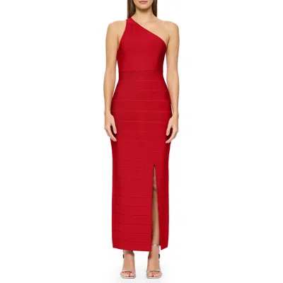 Herve Leger One Shoulder Bandage Gown In Lipstick Red