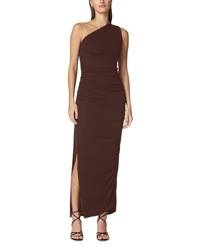 Herve Leger One Shoulder Ruched Jersey Midi Dress In Brown