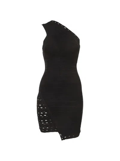 Pre-owned Herve Leger One-shoulder Bandage Mini Dress In Black